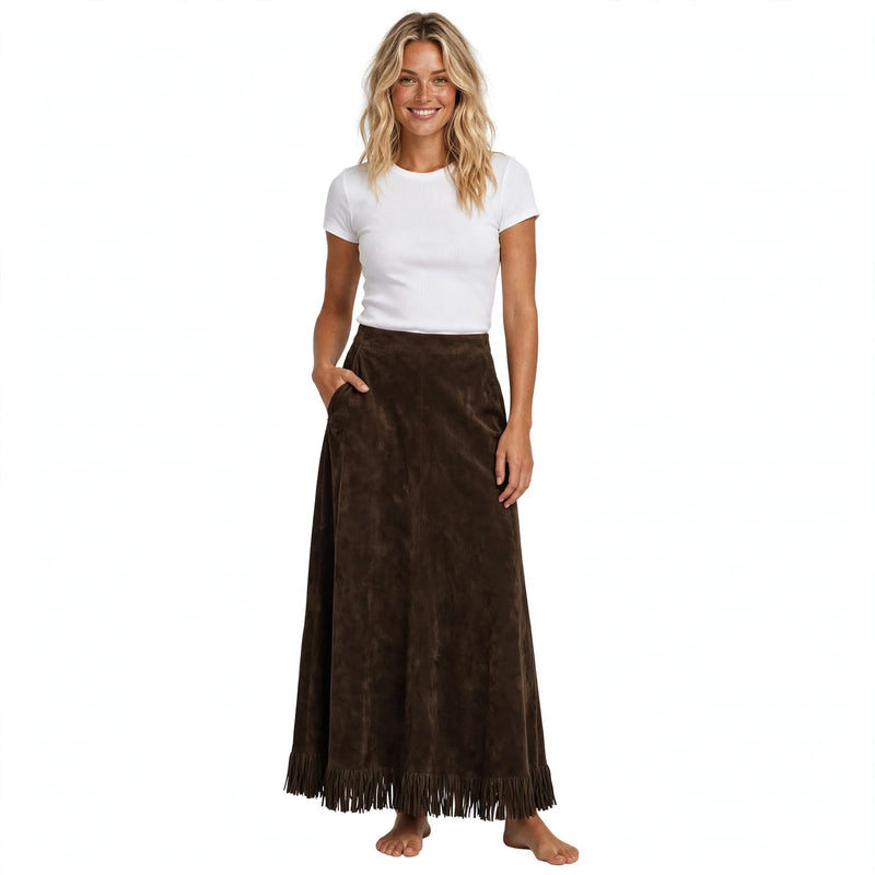 Imogen Ashworth | Faux Suede Maxi Skirt With Fringe Hem
