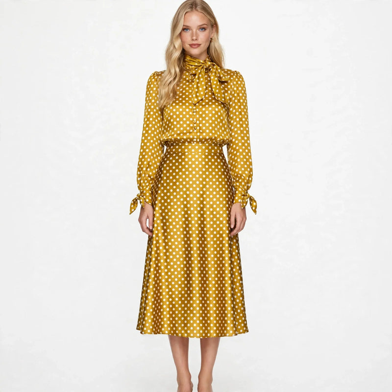 Nina Harlow | Vintage Polka Dot Satin Shirt & Skirt Set For Women