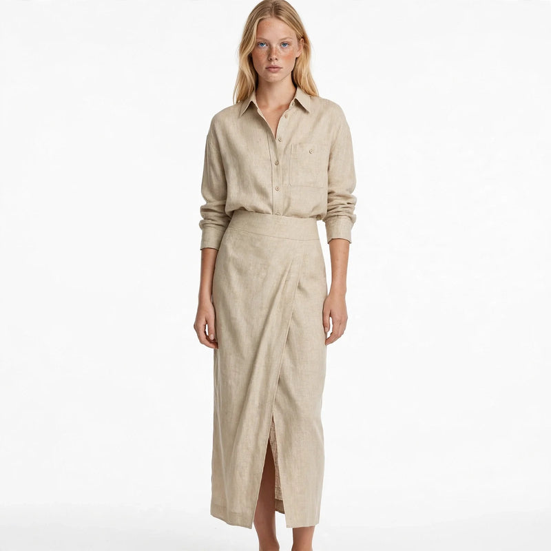 Iris Kingswood | Draped Cotton Blend Shirt And Skirt Set For Women
