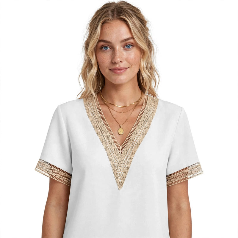 Camille Rousseau | Lace Trim V-Neck Blouse For Women | Harriet Blackwood | Lace-Trim V-Neck Blouse For Women