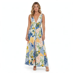 Rosalind Thackeray | Patchwork Print Maxi Dress With V-Neck For Women