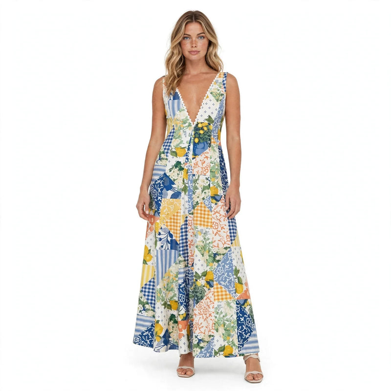Rosalind Thackeray | Patchwork Print Maxi Dress With V-Neck For Women
