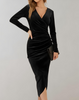 Women's Wrap Midi Dress with Ruched Sleeves