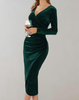 Women's Wrap Midi Dress with Ruched Sleeves