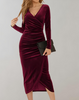 Women's Wrap Midi Dress with Ruched Sleeves