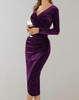 Women's Wrap Midi Dress with Ruched Sleeves