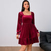 Women's Velvet Mini Dress Square Neck Long Puff Sleeves
