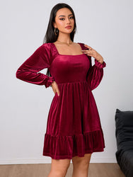 Women's Velvet Mini Dress Square Neck Long Puff Sleeves