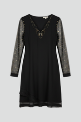 Women’s Cocktail Dress with Sequined Sleeves and Plunging Neckline