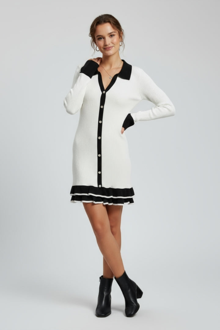Women’s Ribbed Button Down Dress with Structured Collar