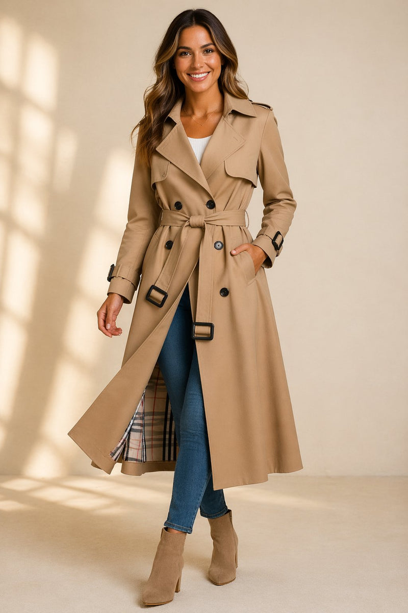 Women's Double-Breasted Trench Coat with Tie Belt