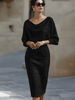 Women's Ribbed Cowl Neck Midi Dress Batwing Sleeves