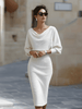 Women's Ribbed Cowl Neck Midi Dress Batwing Sleeves