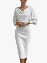 Women's Ribbed Cowl Neck Midi Dress Batwing Sleeves