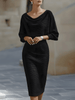 Women's Ribbed Cowl Neck Midi Dress Batwing Sleeves