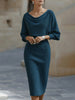 Women's Ribbed Cowl Neck Midi Dress Batwing Sleeves