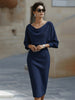Women's Ribbed Cowl Neck Midi Dress Batwing Sleeves
