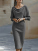 Women's Ribbed Cowl Neck Midi Dress Batwing Sleeves